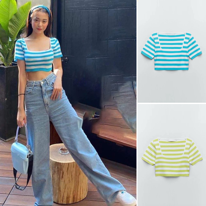 New Two-tone Striped Square Neckline Cropped Short T-shirt