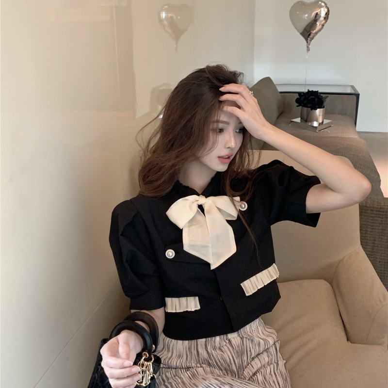 Women's New Bow Color Matching Lace Puff Sleeve Slim Shirt