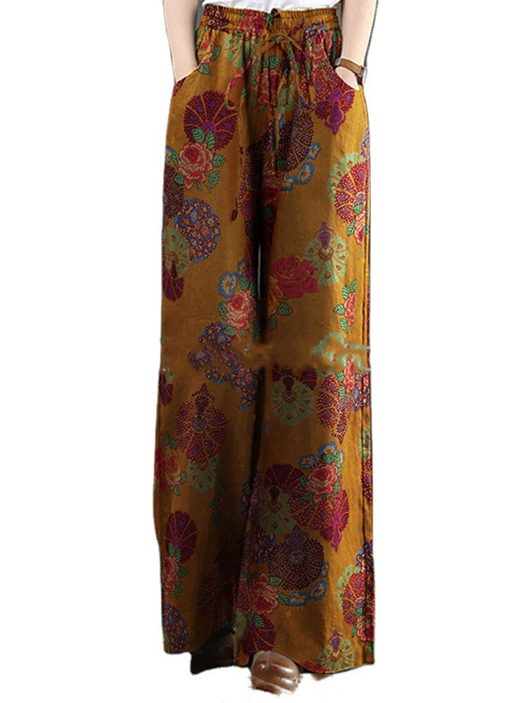 Title 5, New cotton and linen printed wide-leg pants women