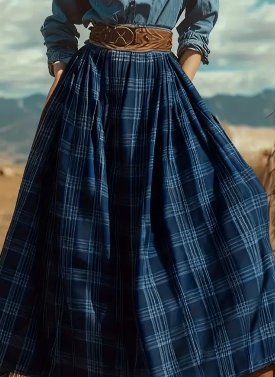 Plaid Pleated Maxi Skirt Casual Midi Skirt
