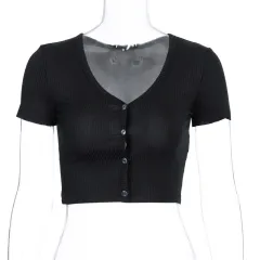Brandy Sexy Women's Button Knit Short Sleeves - Black - View 1