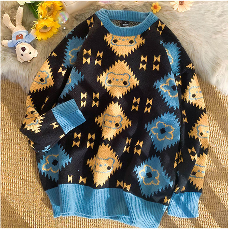 Bear Knitted Crew Neck Pullover Lazy Sweater Women