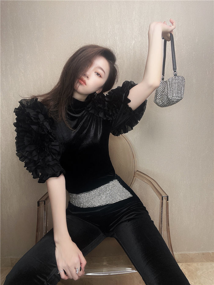 Heavy Industry Flower Puff Sleeve Gold Velvet Shirt Short Sleeve T-Shirt