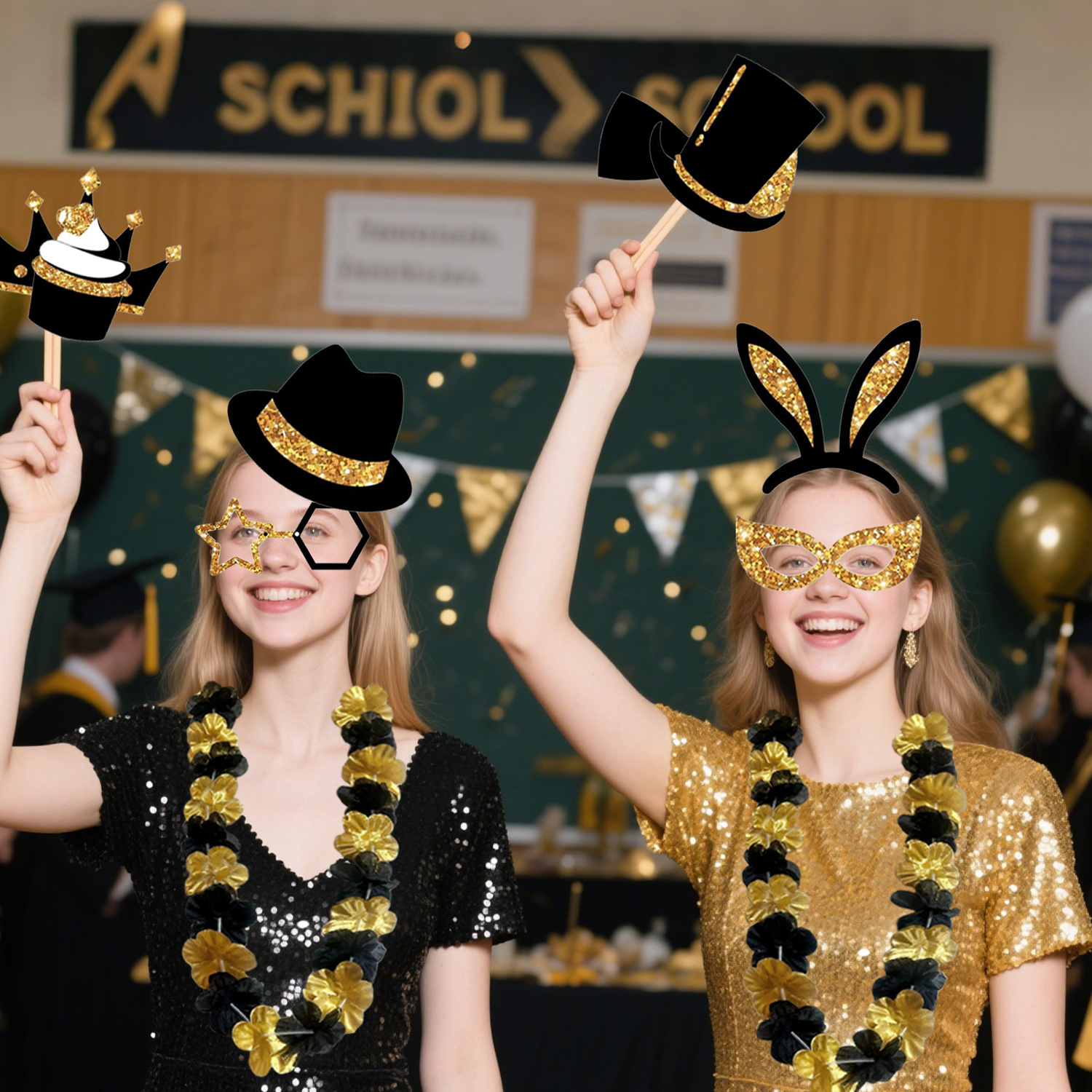 24-piece Birthday Party Photo Prop Set, Including Mustaches, Glasses, Hats, Wigs, And Crowns - Gold And Black Theme, Suitable For 40th, 50th, 60th Weddings, Graduations, Birthday Decorations, Selfie A 6