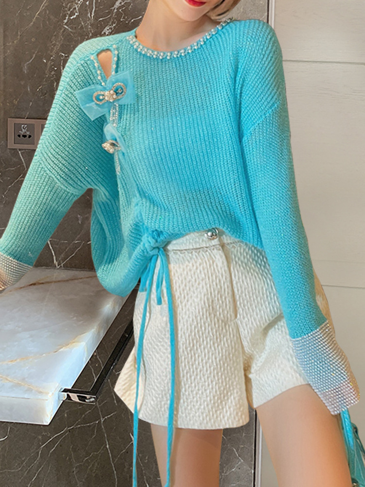 Base Shirt Sleeves Diamond-studded Sweater