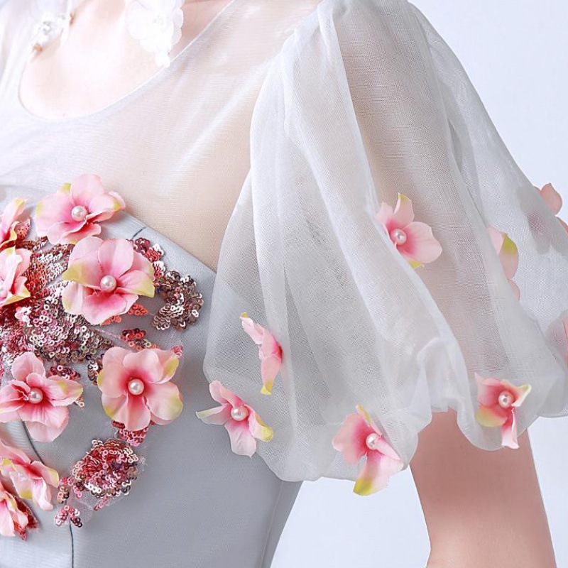 Grey-Blue Evening Dress with Flower Decoration, picture 3 of 5