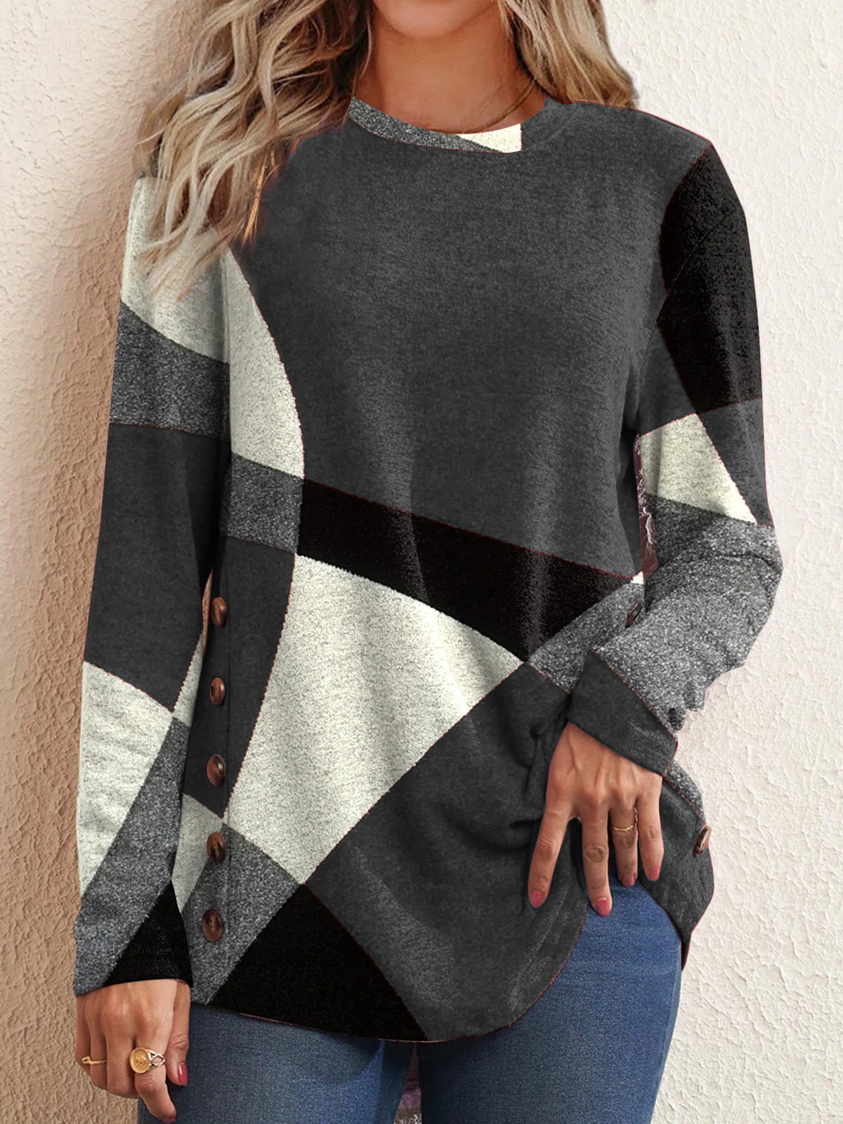 Title 3, Button Geometric Contrast Long Sleeve Print Loo...