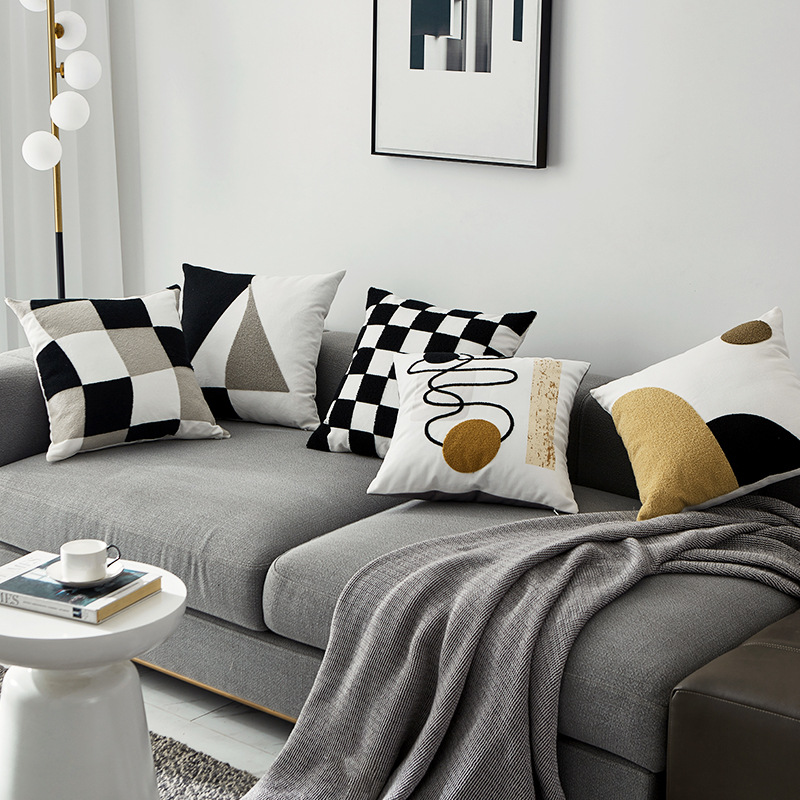 Geometric Black And White Abstract Embroidery Pillow Cover — image 1