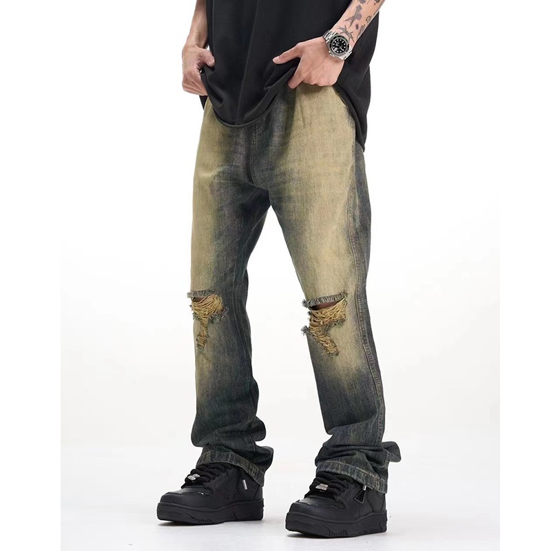 American Retro Make Old Ripped Cement Yellow Jeans For Men