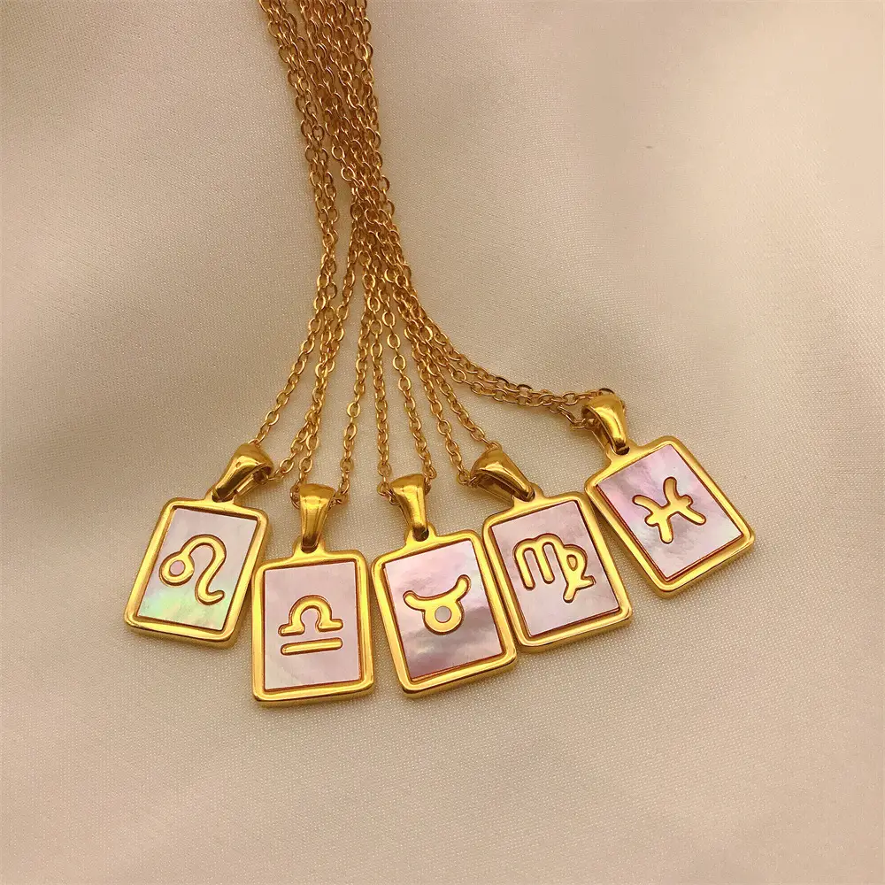 Colorful Twelve Constellation Rune Square Plate Necklace