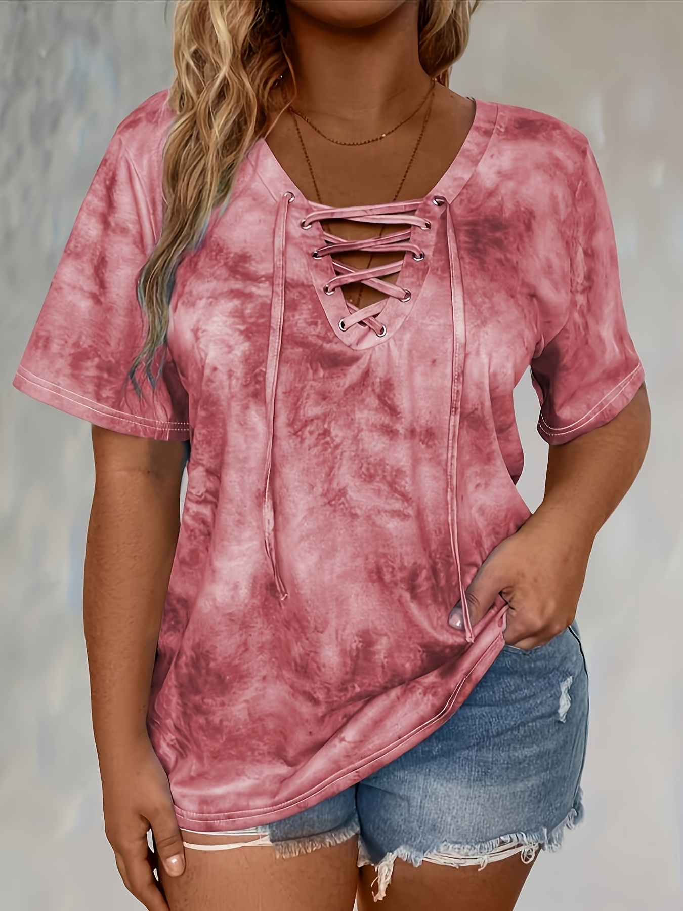 Self-pick-up Women’s Tie Dye Printed Drawstring Casual Fashion Short Sleeve T-Shirt Only Self-pickup Is Supported