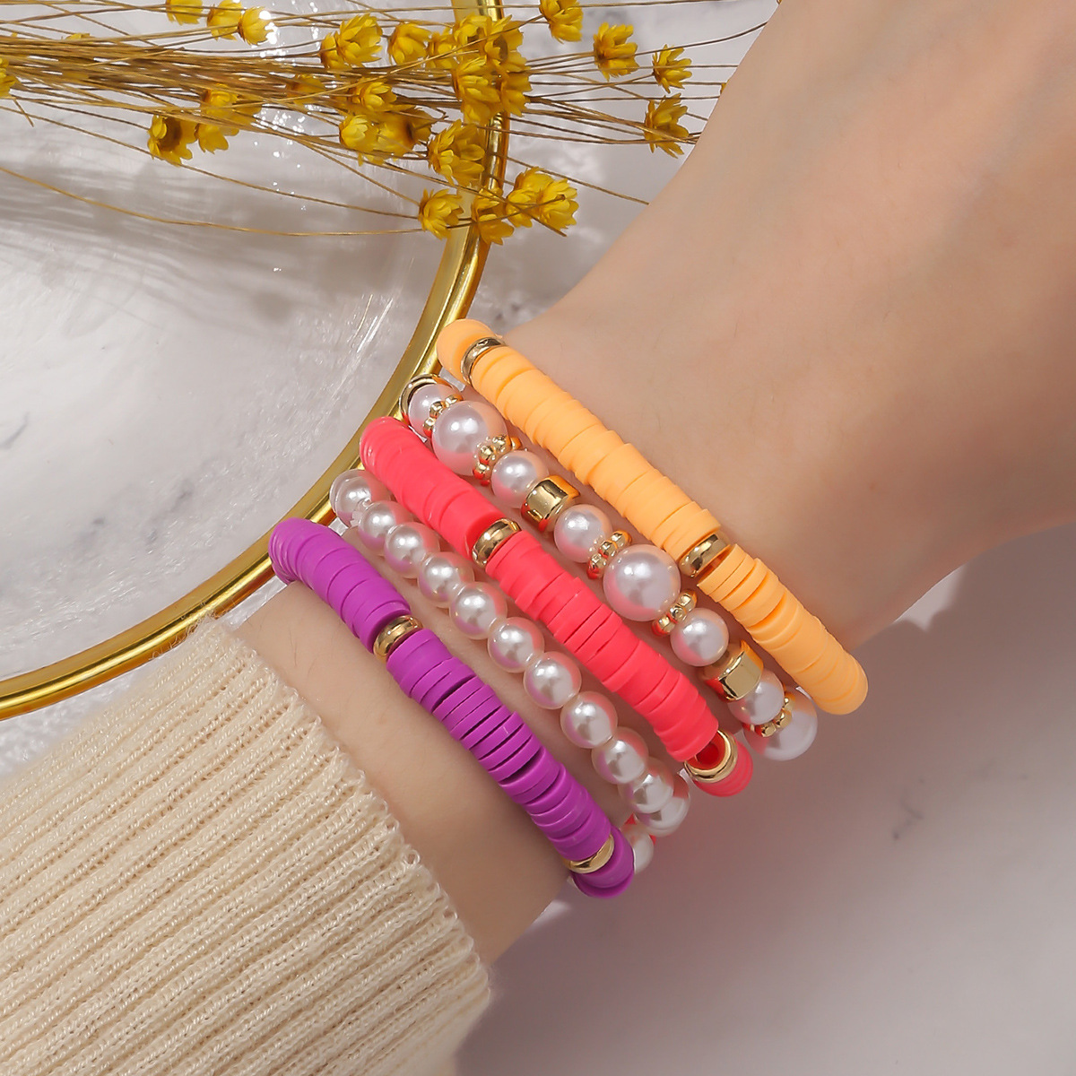 Bohemian Pearl Polymer Clay Bracelet Set