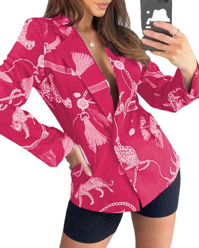 Suit Collar Profile Long Sleeve Temperament Commuter Print European And American Women's Jacket