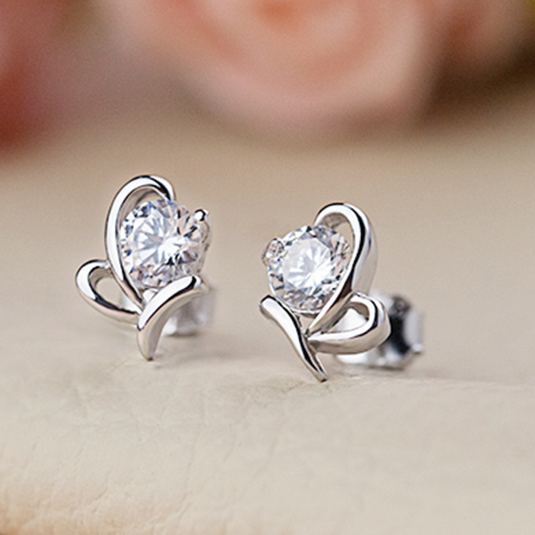 Silver Butterfly Studs Diamond Silver Earrings Zircon
