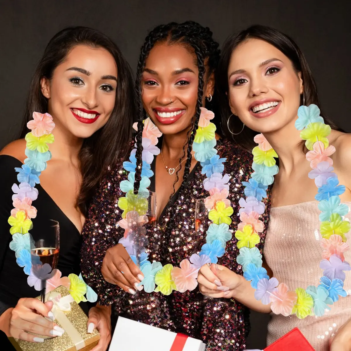 24 Birthday Party Flowers Lei Summer Colorful Tropical Flower Necklaces Lei Hawaii Luau Dance Party Favors Decoration Bulk For Holiday Birthday Beach Pool Party