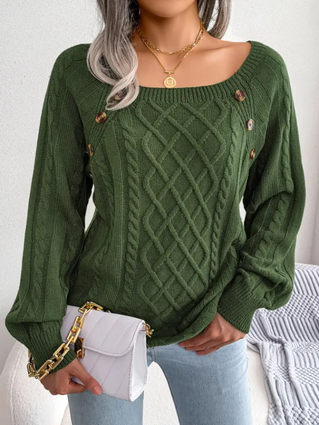 Casual Square Neck Buttoned Cable Knit Pullover Sweater Green - Shop at LoveMi