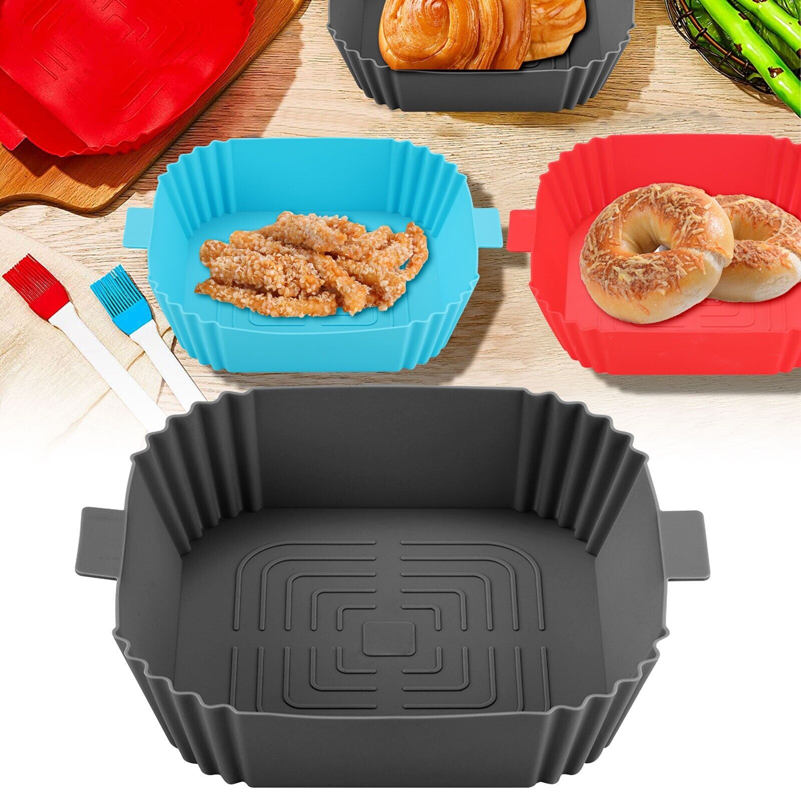 Silicone Air Fryer Tray Basket Liners Pot, Air Fryer Silicone Pot Basket Liners Non-Stick Safe Oven Baking Tray Accessories, Air Fryer Silicone Basket Liners Square, Reusable Air Fryer Silicone Pots for Food Safe Air Fryers Oven Accessories, Air Fryer Sil