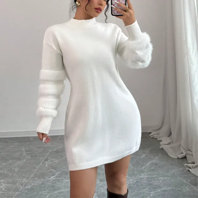 Women's Plush Long Sleeve Mini Dress, Solid Color A Line Fitted Dress With Faux Fur Trim For Winter Parties White - Shop at LoveMi