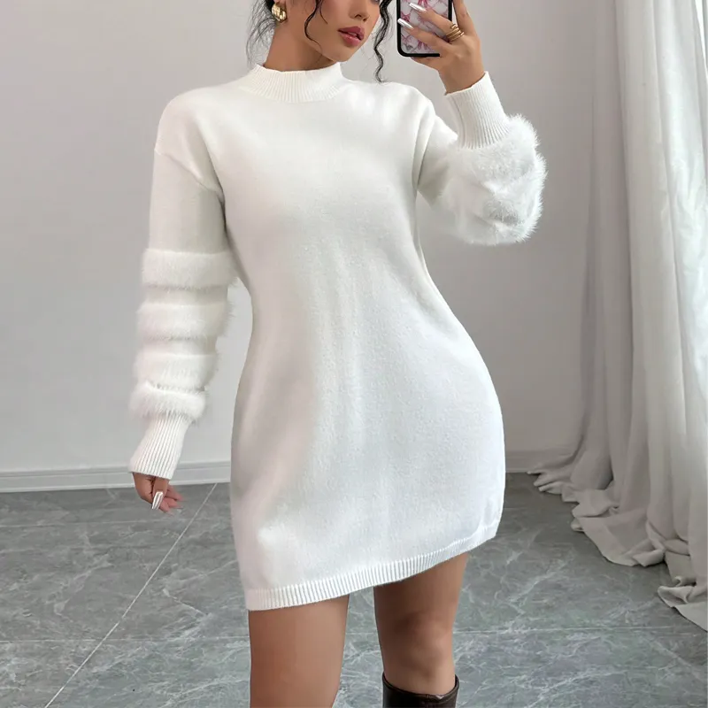 Women's Plush Long Sleeve Mini Dress, Solid Color A-Line Fitted Dress With Faux Fur Trim For Winter Parties - White