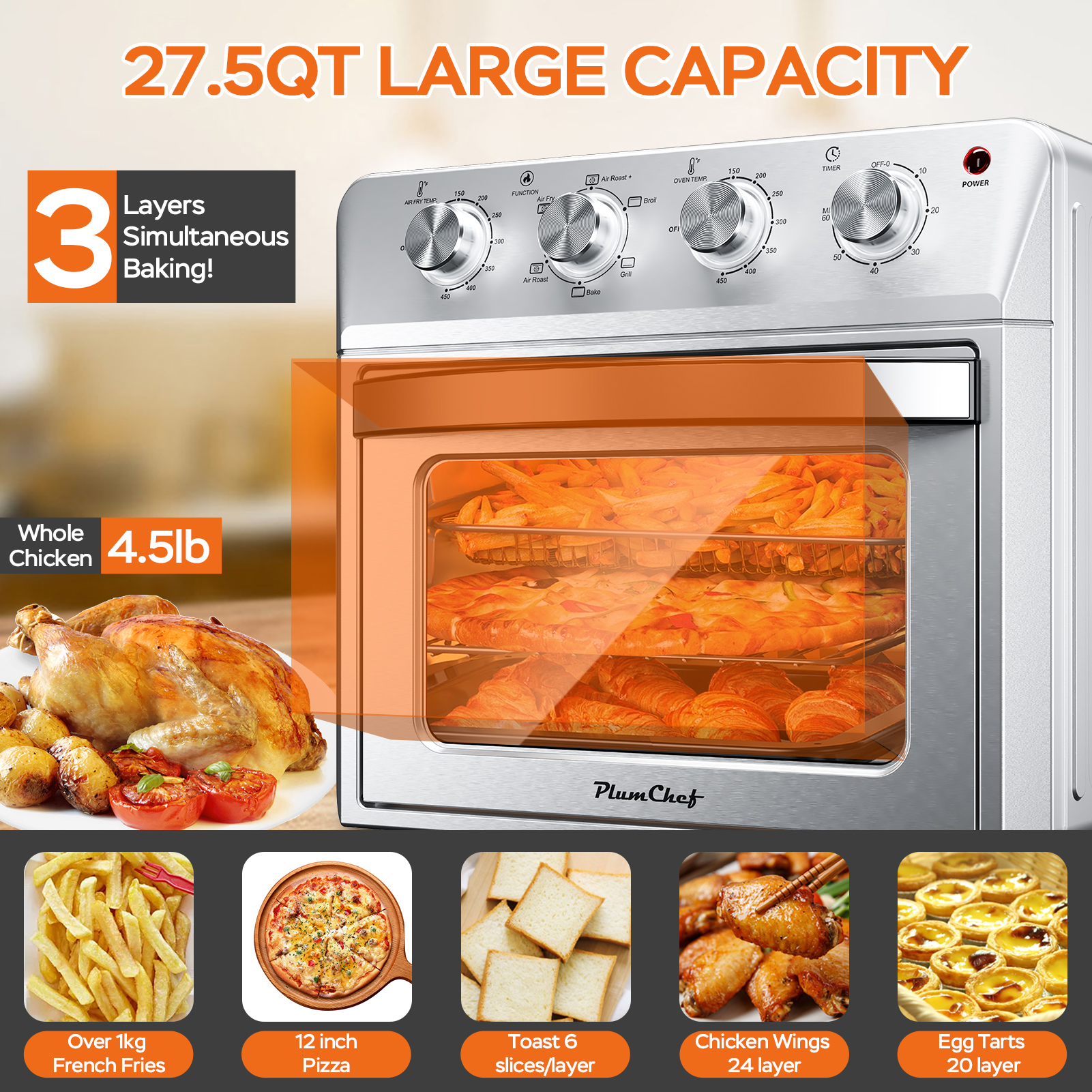 27.5QT 6-in-1 Air Fryer Toaster Oven, 6-Slice, Countertop Convection Oven, Air Frying, Baking, Roasting, Broiling & Grilling, 1600W, Sliver, Amazon Resale Prohibited — foto 4