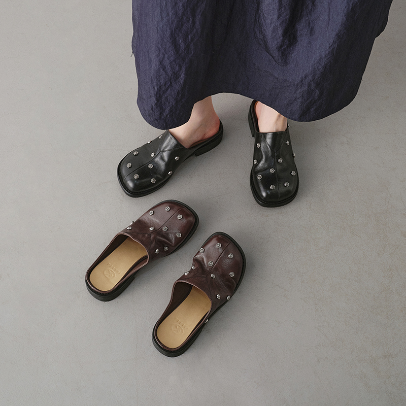 Breathable Full Grain Leather Studded Mules, Women's Slip-On Backless Shoes