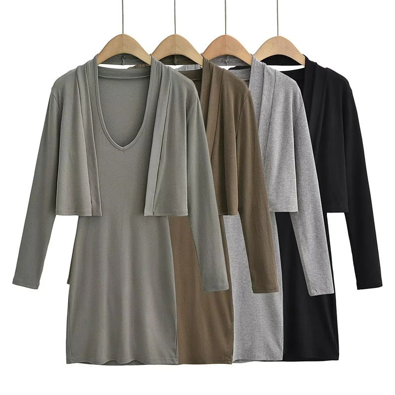 Short Long Sleeved Cardigan Solid Color Neck Hanging Dress Two-piece Set