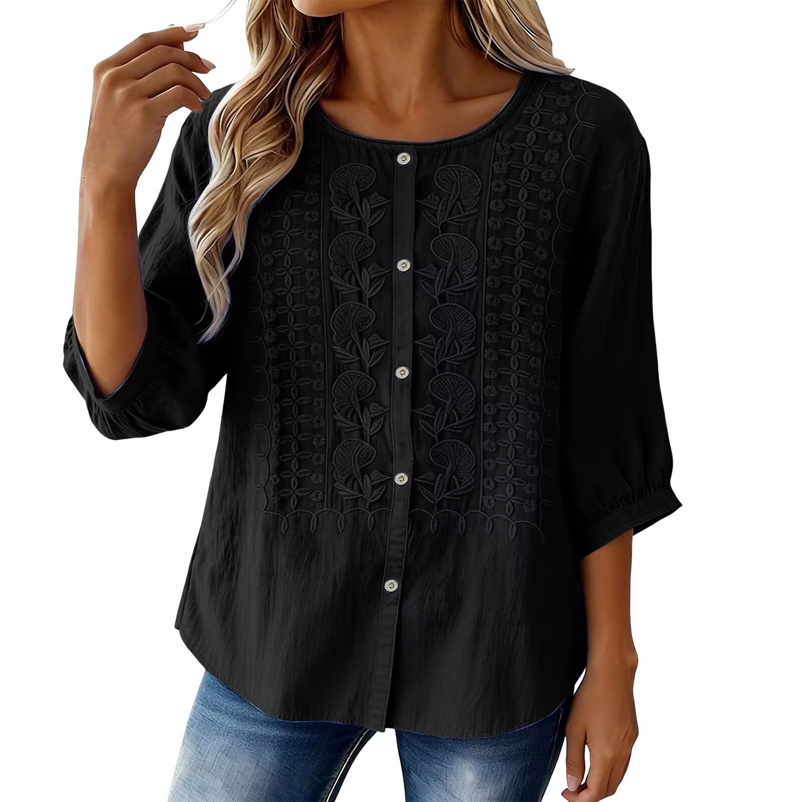 V-Neck Short Sleeve Cotton Linen Shirt, Heavy Embroidery Casual Blouse