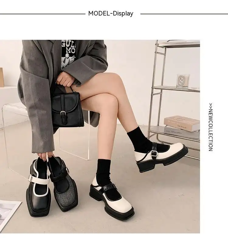 Thick-soled British Style Small Leather Shoes French Square Toe Mary Jane