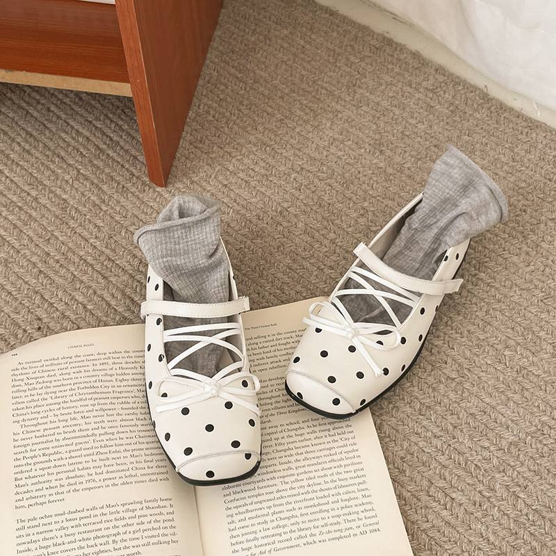 Women Bow Square Toe Polka Dot Platform Pumps, New Summer One-Strap Retro Versatile Mary Jane Shoes