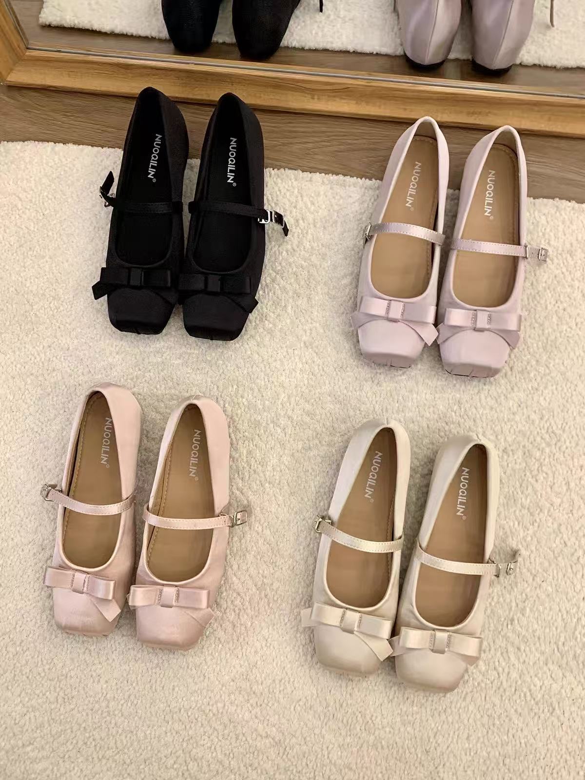 Women French Gentle Satin Ribbon Bow Mary Jane Flats, Square Toe Single Mini Buckle Shiny Silk Casual Daily Wedding Doll Ballet Shoes