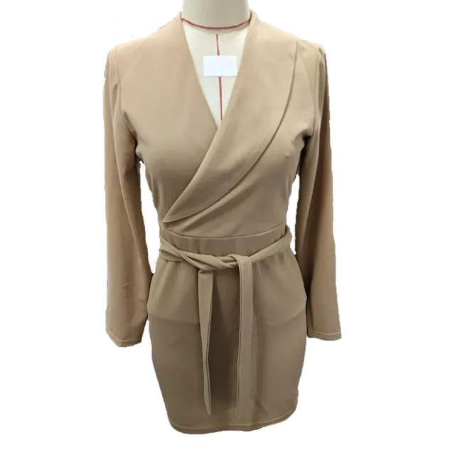 Women's V Neck Short Dress With Pockets Long Sleeve Belted Casual Fall Dress Camel - Shop at LoveMi
