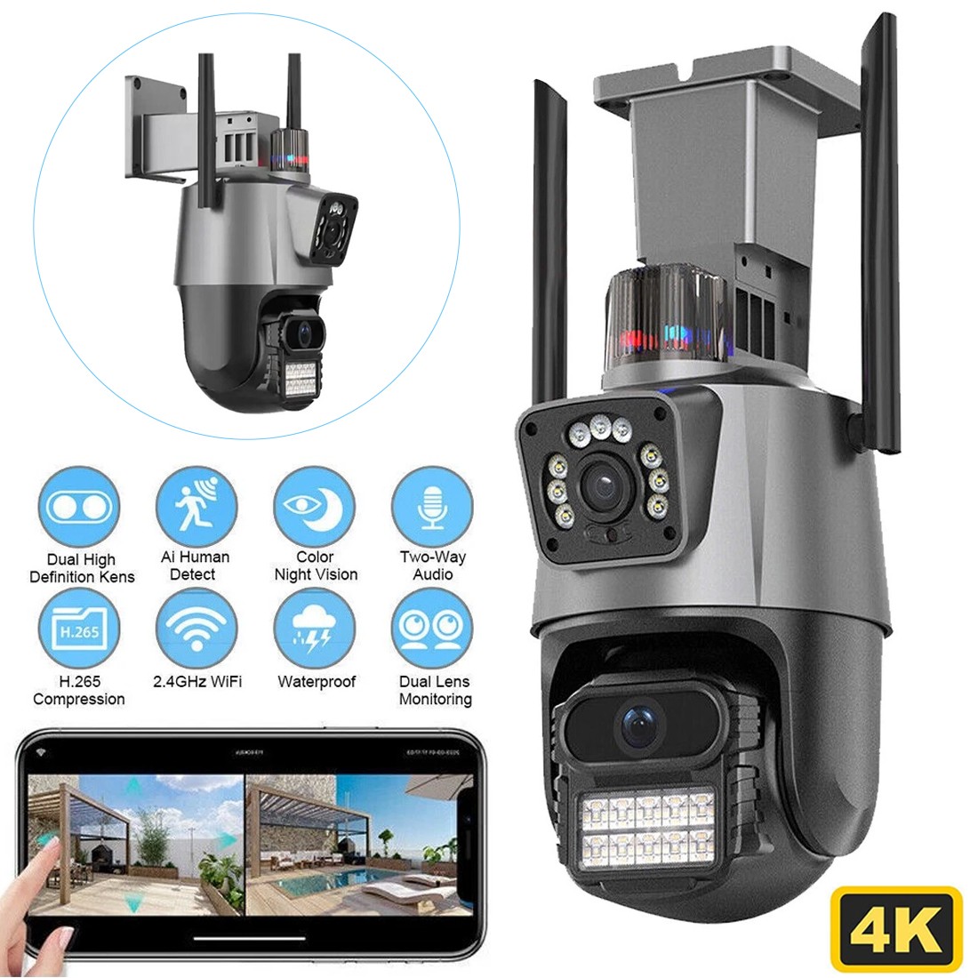 8MP 4K Wireless IP Camera WIFI Outdoor CCTV PTZ Smart Home Security IR Cam IP66 UK NEW------Camera Set