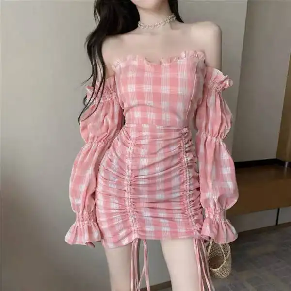 Pack Hip Checked Puff Sleeve One-shoulder Dress