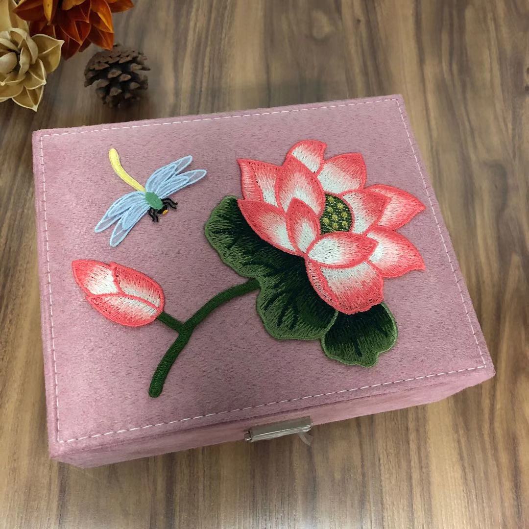 Fleece Appliqu Show Embroidered Suede Chinoiserie Jewelry Box With Lock — image 1