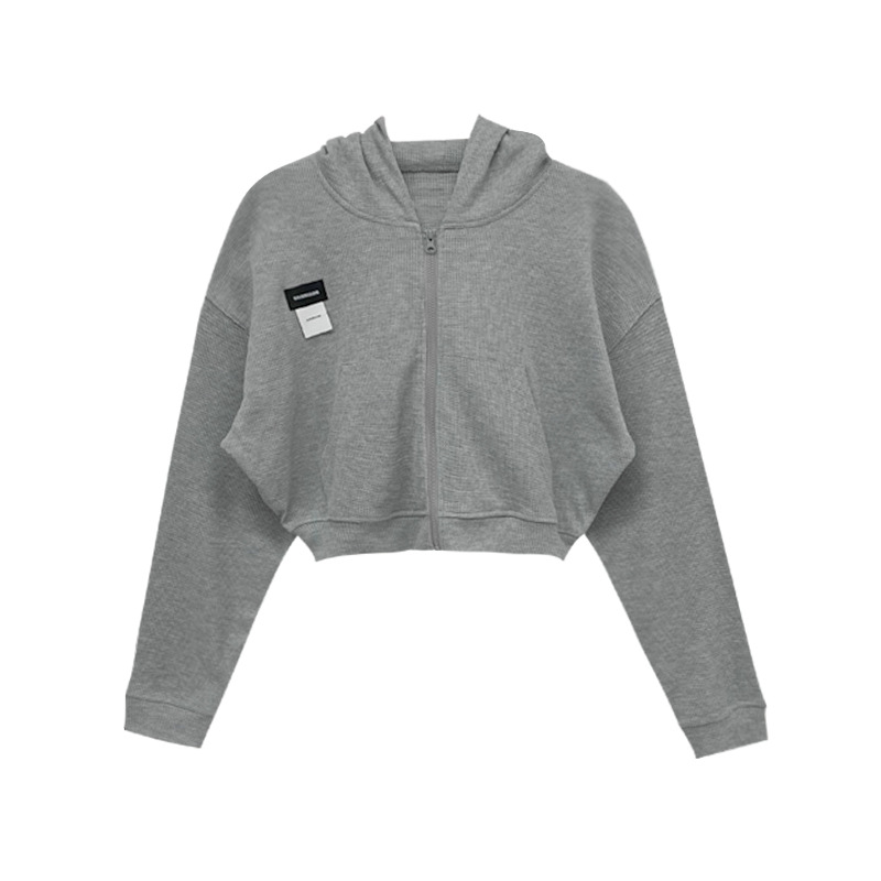 Short Long Sleeve Waffle Loose Hooded Sweatshirt