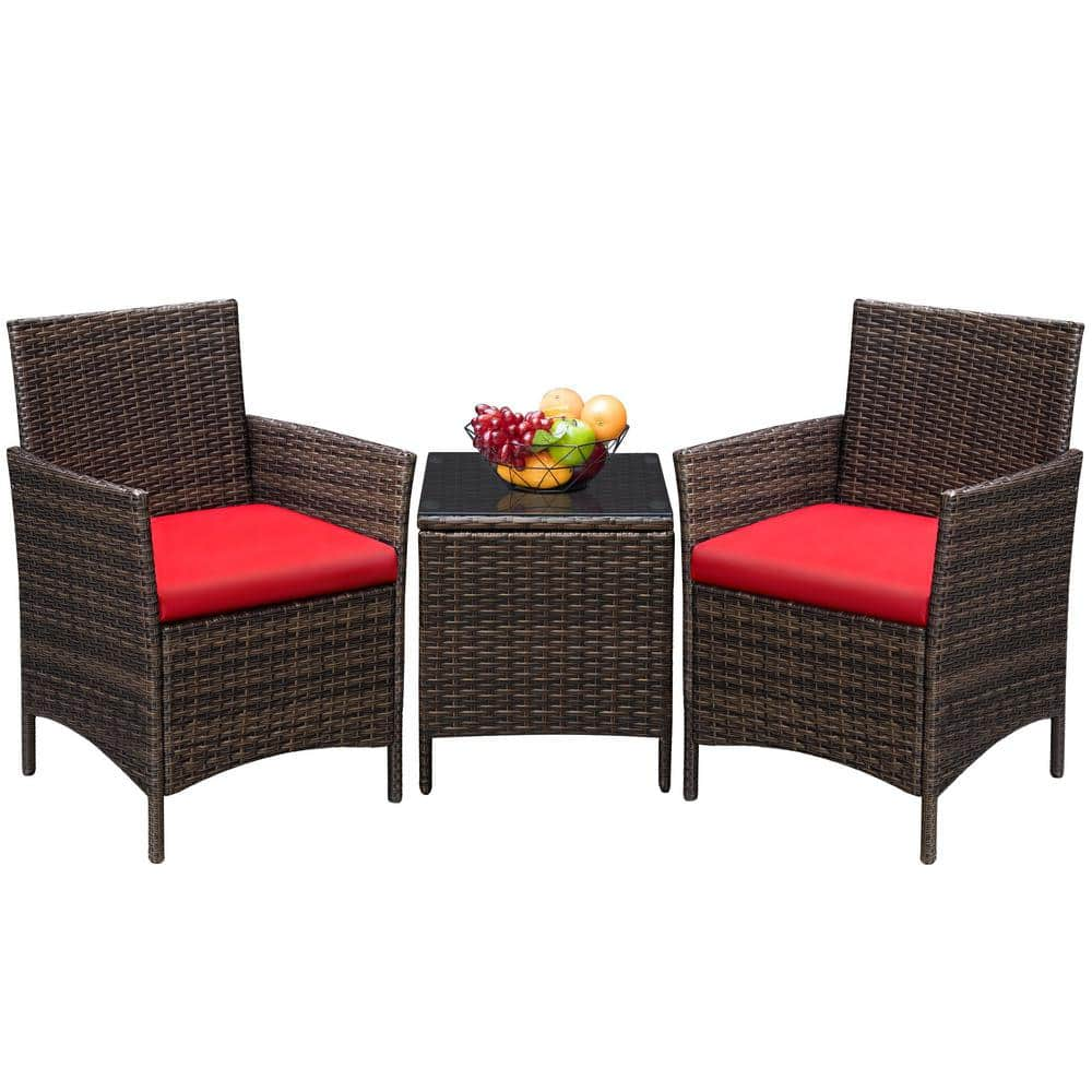 Three-piece Set Of Red Rattan Patio Furniture Set