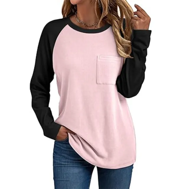 Women's Color Block Raglan Tee, Long Sleeve Crewneck Casual Top For Spring Fall Pink - Shop at LoveMi
