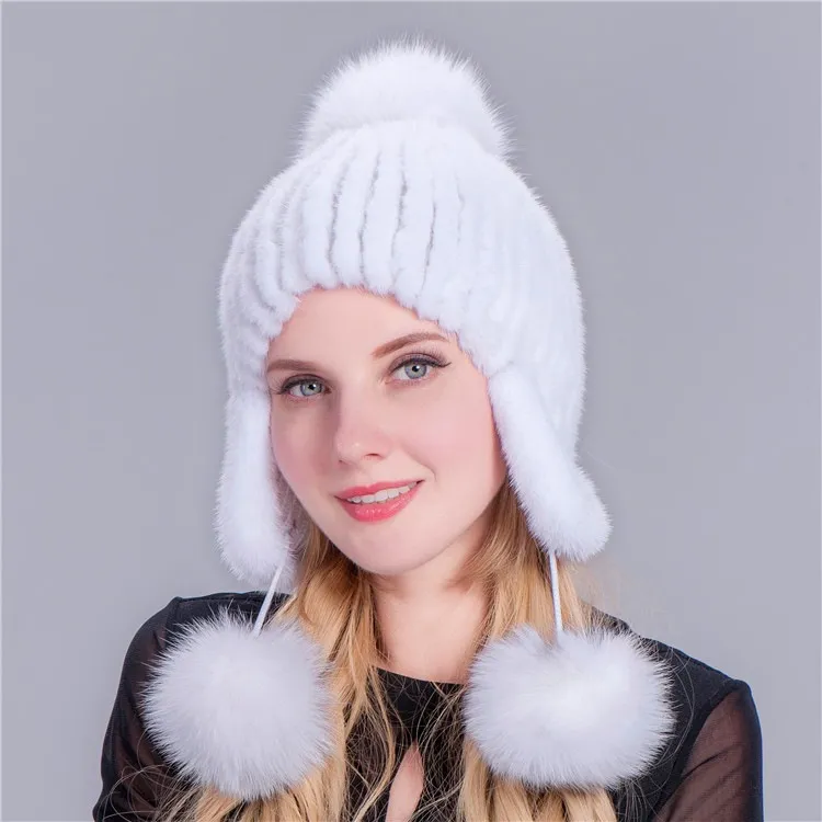 Mink Fur Woven Warm Ear Protection Mink Hat - White