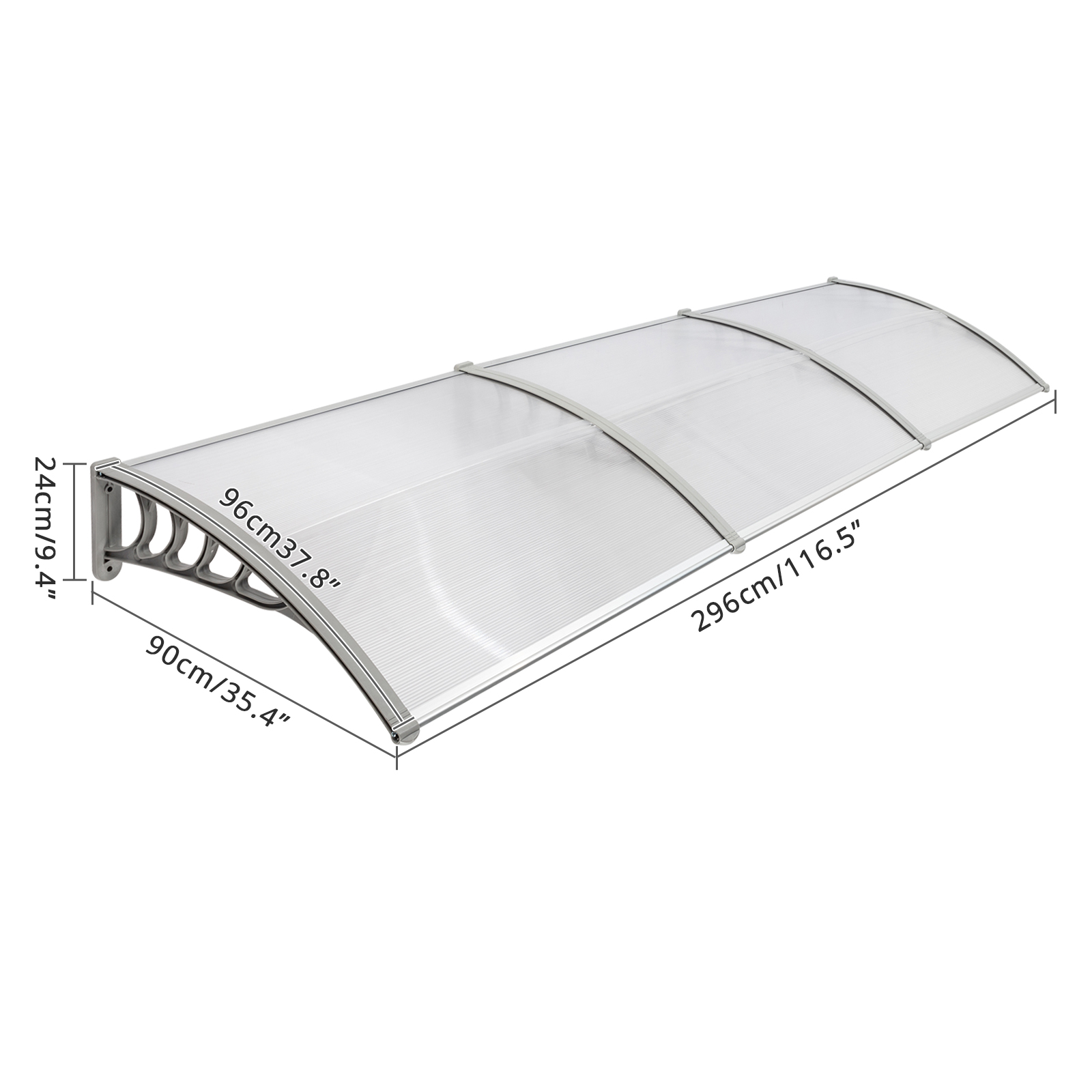 Window Awning Door Canopy 120x38inch, Polycarbonate Cover Front Door Outdoor Patio Awning Canopy UV Rain Snow Sunlight Protection Hollow Sheet, Clear Board & Grey Bracket