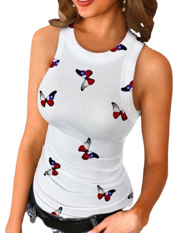 Solid Color Printed Crew Neck Tank Top With Racer Top