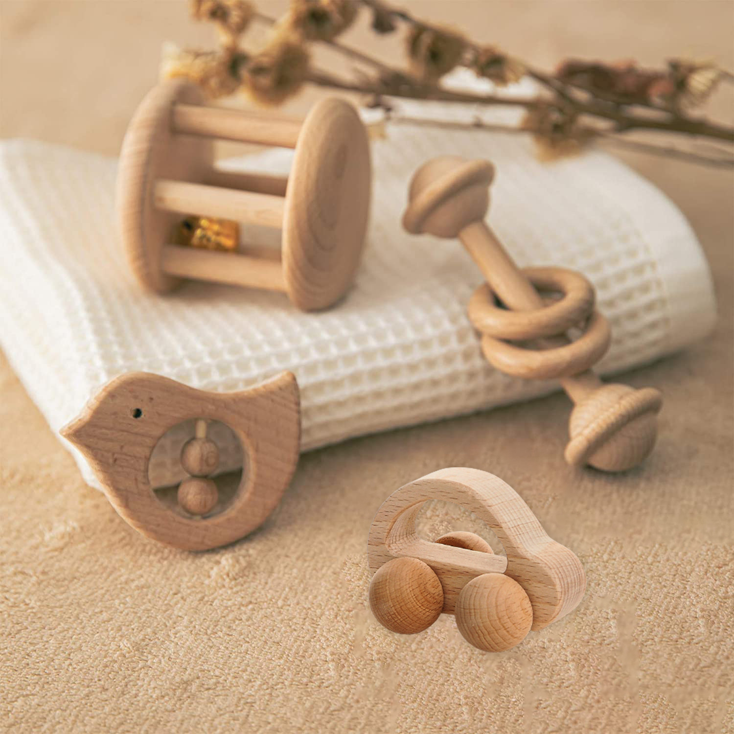 Natural Wooden Baby Rattle and Car Toy Set for Intellectual Development - MAMTASTIC