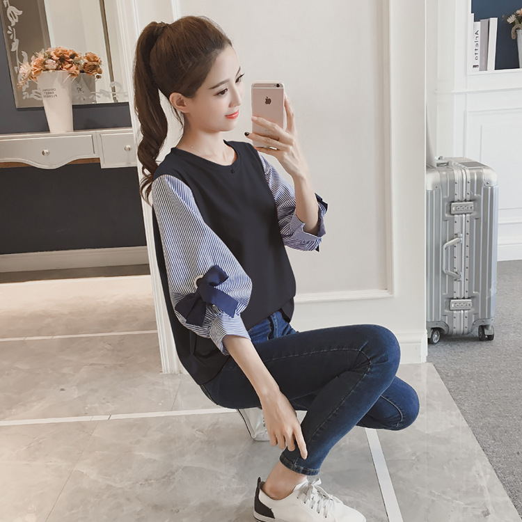 Casual Fake Two Loose And Versatile Striped Bottoming Shirt T-shirt