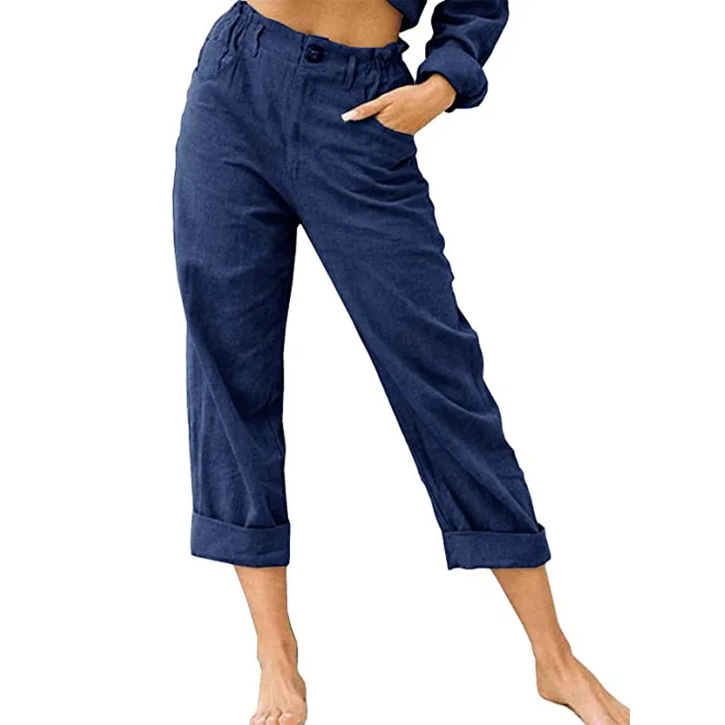 Women's Joggers Pants Fashion High Waist Casual Pants With Pockets - Navy