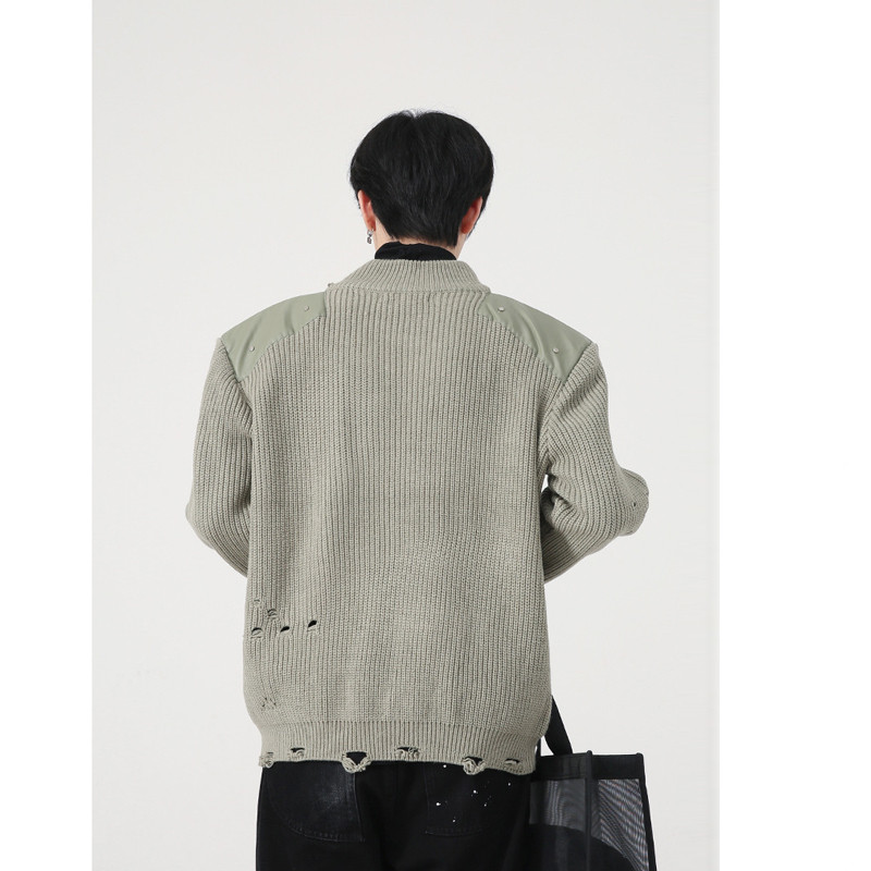 Men's And Women's Simple Personality Torn Hole High Collar Padded Shoulder Sweater