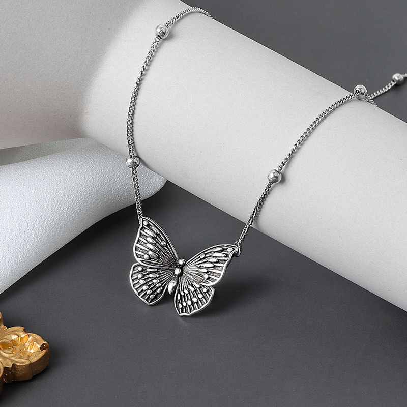 Vintage Thai Silver Round Bead Butterfly Necklace Female Ins Fashion Net Red Clavicle Chain