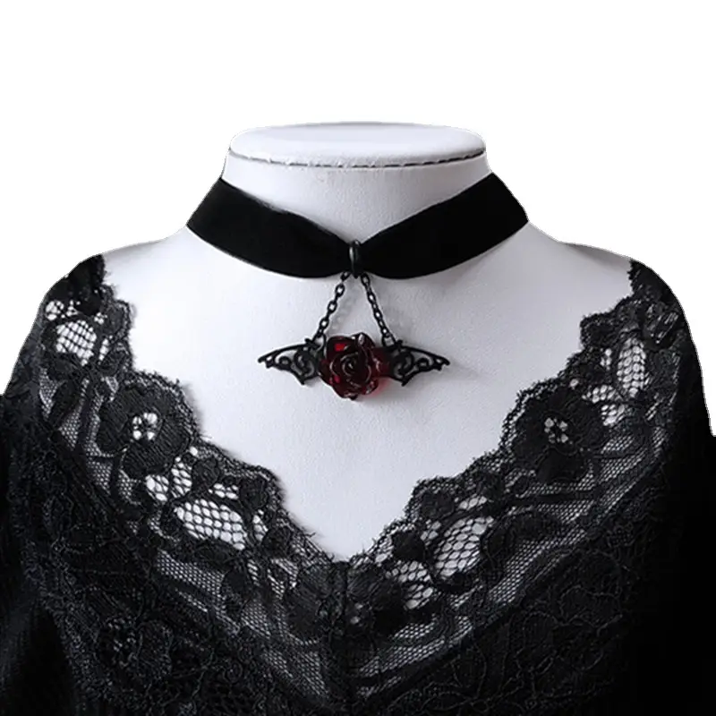 Red Rose Bat Wing Choker Pendant Necklace
