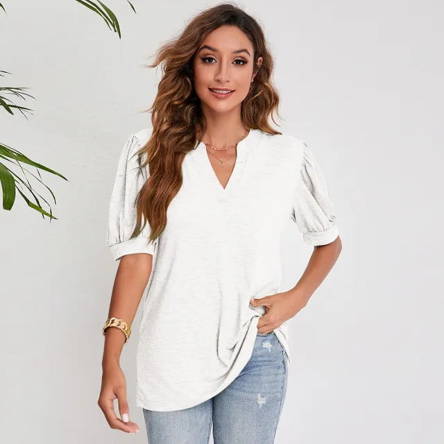 Women's Pleated Puff Sleeve Tops Summer V Neck T Shirts Casual Loose Blouses White - Shop at LoveMi