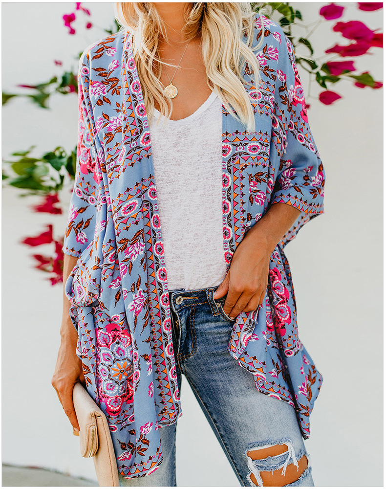 Women's Mid Length Cardigan Long Sleeve Printed Kimono Blouse Thin Sun Protection