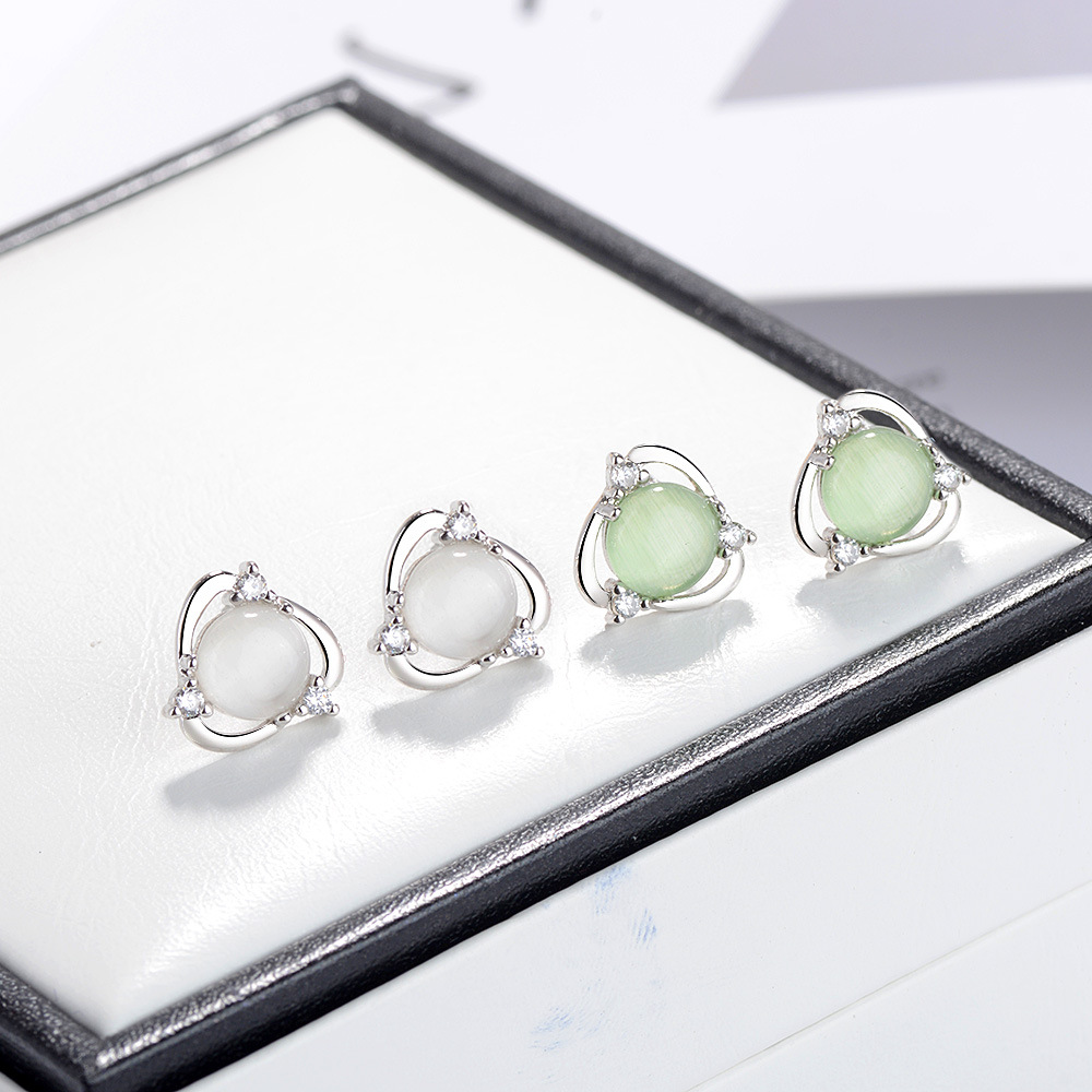 Opal Stud Earrings Feminine Zircon Flowers