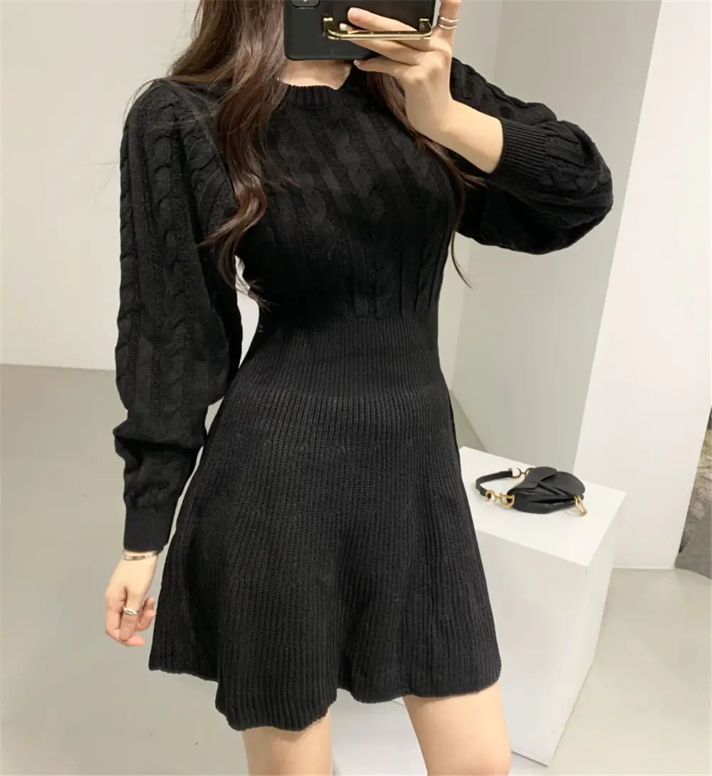 Round Neck Linen Pattern Waist Is Thinner A-line Knit Dress Female